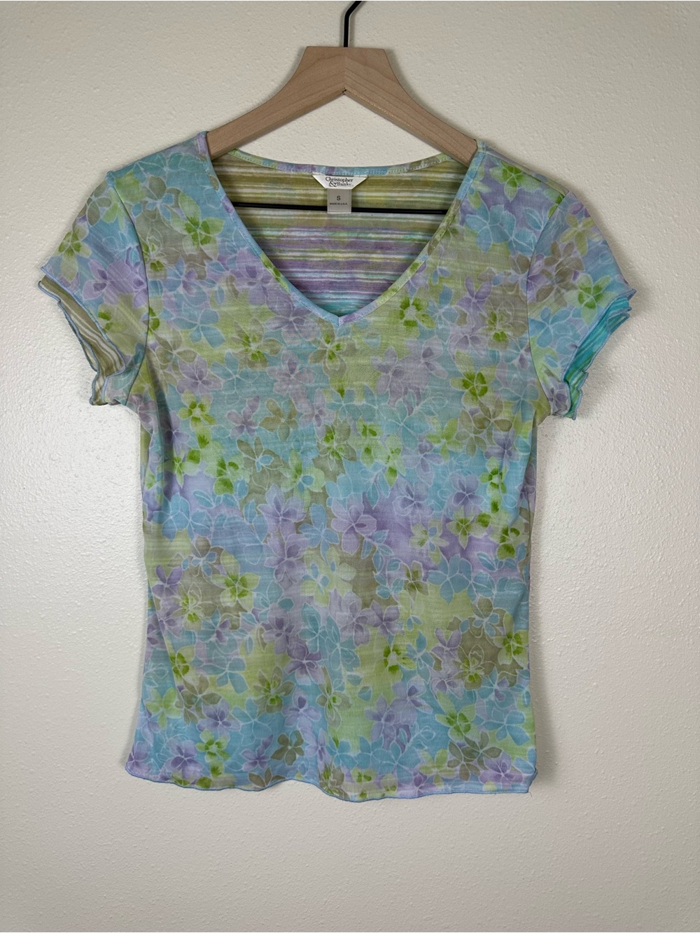 CHRISTOPHER & BANKS Women Small Bohemian Pastel Floral V-Neck Tee Shirt